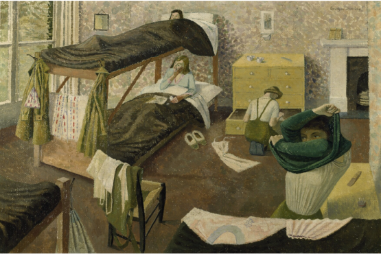 image: Interior of a billet with bunk beds and Women's Land Army girls preparing for bed.